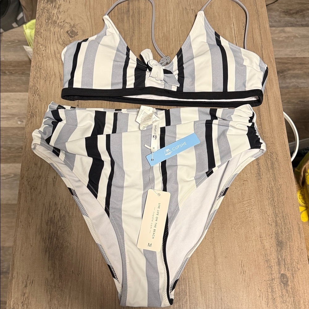 Cupshe Medium Striped 2 PC Bikini Top with Knot Detail & High Waist Bottoms